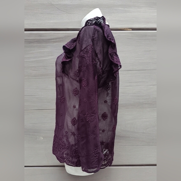 WEEKEND SUZANNE BETRO SHEER Plum Perfect WOMEN'S Sz M Bell Sleeve Blouse Tunic - Picture 3 of 9